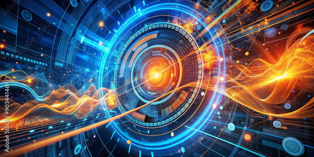 Poster vibrant blue and orange digital background featuring swirling patterns, futuristic graphics, and abs