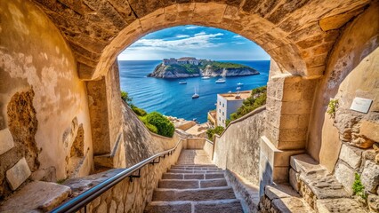 Fototapeta premium A passage leading down stone steps in the old fortified wall at Bonifacio, Corsica , Bonifacio, Corsica, historic