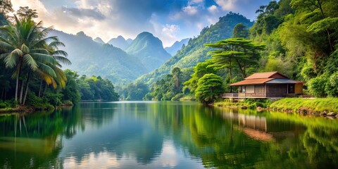 Fototapeta premium Scenic view of a tranquil lake nestled in the mountains with a lush jungle backdrop, a flowing river, and a house nearby, mountains