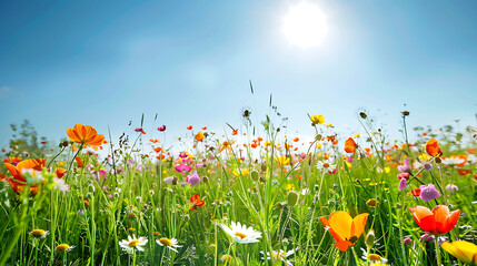 Naklejka premium A vibrant meadow covered in a variety of colorful spring flowers, with a clear blue sky in the background 
