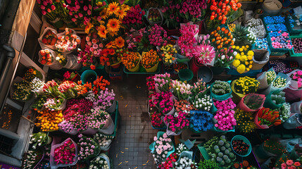 An overhead view of a flower market stall filled with a diverse assortment of spring blossoms in vibrant hues 