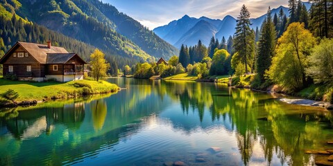 Naklejka premium Lake in the mountains with trees in the jungles, river flowing and house nearby , nature, landscape, mountains, trees, jungle