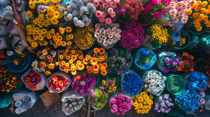An overhead view of a flower market stall filled with a diverse assortment of spring blossoms in vibrant hues 
