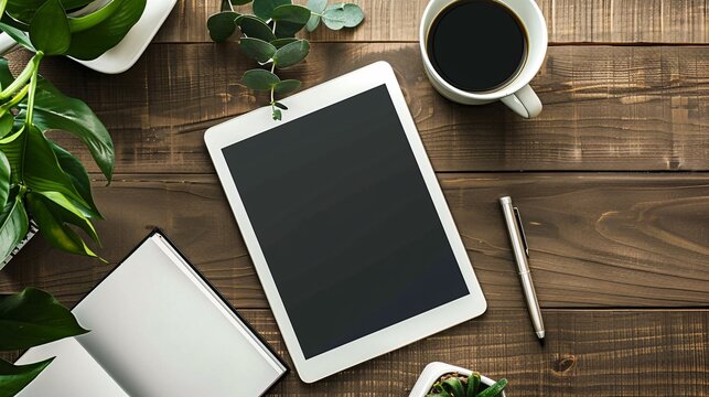 Flat lay of a minimalist desk setup with a tablet, notepad, and a pen