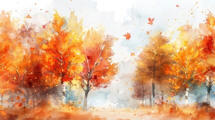Autumn forest, trees with vibrant fall colors, crisp and colorful, Watercolor style