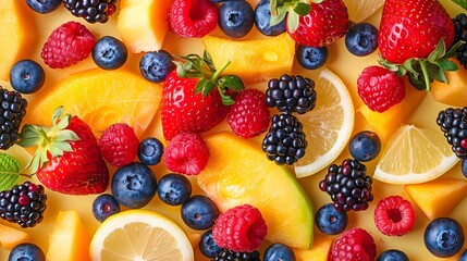 Top view of a mix of fresh berries and sliced melons, creating a colorful background.
