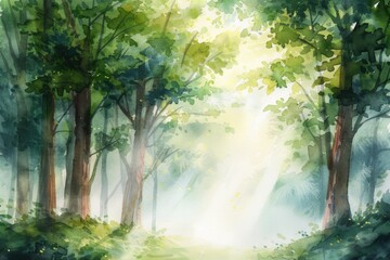 Obraz premium Forest scene, dense trees and sunlight filtering through leaves, serene ambiance, Watercolor style