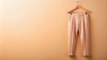 Peach-colored trousers hanging on a hanger against a peach background, peach, trousers, hanger, fashion, clothing, stylish