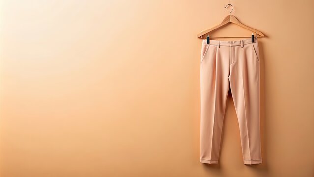 Peach-colored trousers hanging on a hanger against a peach background, peach, trousers, hanger, fashion, clothing, stylish