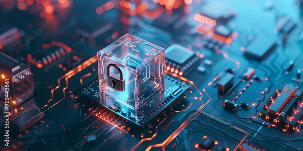 Poster a lock icon inside a glass cube on a circuit board