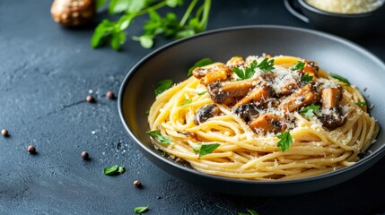 Delicious plate of spaghetti with mushrooms, garnished with parsley and Parmesan cheese, on a dark...