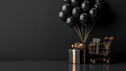 a shopping cart with a bunch of black balloons