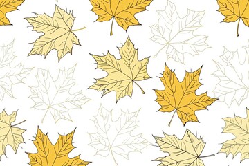 Fototapeta premium A pattern with a cartoonistic illustration of a white and gold leaves white background. Thick cartoon