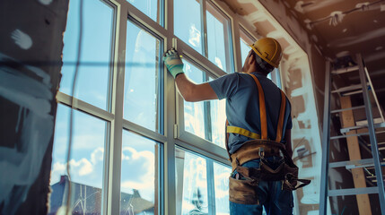 Construction worker installs new windows in a building under renovation, wearing protective gear and using professional tools.
