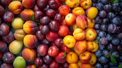 Top view of a colorful array of fresh fruits, including plums, apricots, and nectarines.
