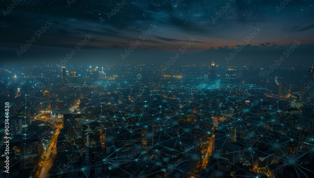 Poster nighttime aerial view of a city with a network of lights and connections