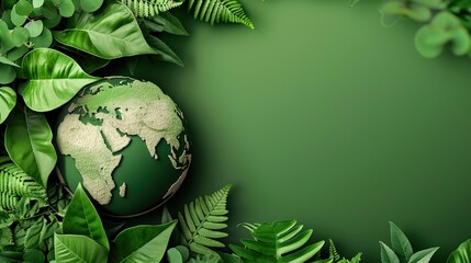 Green Earth Concept: Sustainable Development and Environmental Protection, World Map on Foliage Background, Eco-Friendly Solutions for a Greener Future. Text or copy space, wallpaper, card, AI