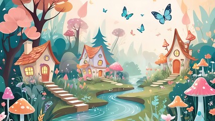 Enchanting scene with mushroom houses, stream, flowers, butterflies under the night sky. Perfect for fantasy, childrens books, or nature themes.