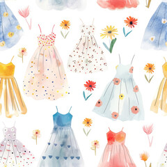 Watercolor Dresses and Flowers Pattern   Whimsical Floral Fashion Illustration