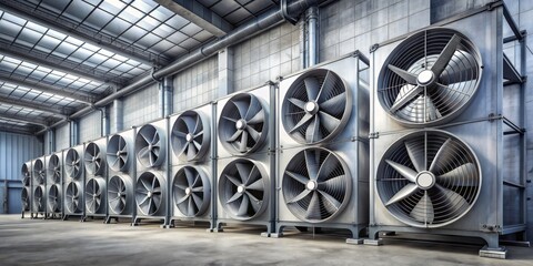 Massive industrial air conditioning unit with large rotating fan blades and complex network of pipes and ductwork against a grey concrete background.
