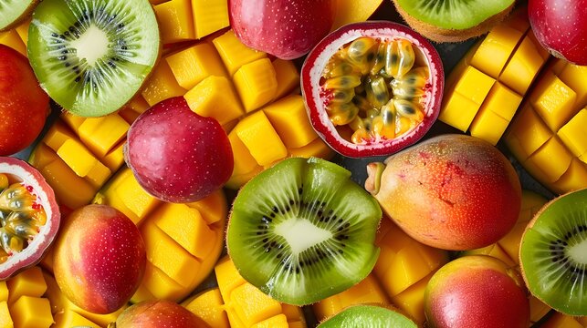 Top view of a mix of tropical fruits like kiwi, passion fruit, and mango, creating a lush background.
