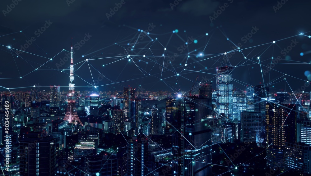 Poster illuminated cityscape with interconnected network lines at night