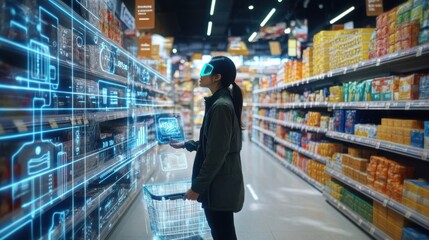 A futuristic Black Friday shopping spree with shoppers using augmented reality to view deals, autonomous carts navigating the aisles, and digital price tags changing in real-time