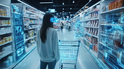 A futuristic Black Friday shopping spree with shoppers using augmented reality to view deals, autonomous carts navigating the aisles, and digital price tags changing in real-time