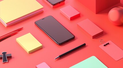 Flat lay of minimalist desk accessories like sticky notes, pens, and a smartphone, depicted in precise and detailed 3D shading