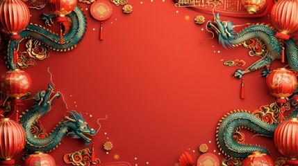 Obraz premium a red background with a dragon and lanterns