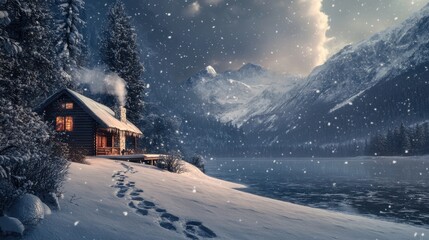 A serene mountain retreat in the first snowfall of the season, with a cozy cabin, smoke rising from the chimney, and footprints in the fresh snow leading to a frozen lake