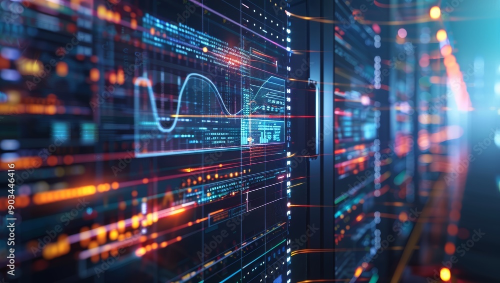 Poster Server Racks with Digital Data and Lines of Code