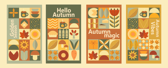Autumn set. Hello autumn background concept. Poster for sale, banner, cover, flyer. Bauhaus pattern abstract geometric. Autumn phrase with cute cozy design elements.