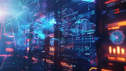 Futuristic Server Rack with Glowing Digital Interfaces