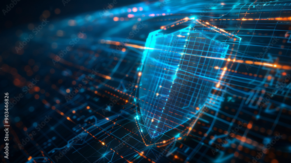 Poster wireframe of cybersecurity shield data protection and privacy. concept cybersecurity, data protectio
