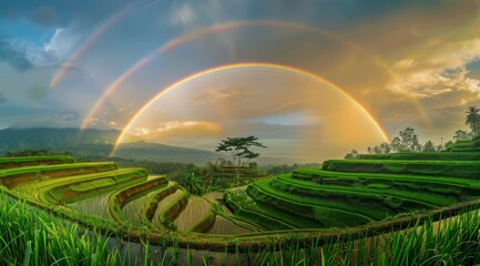 Obraz premium Double Rainbow Over Lush Rice Terraces