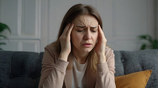 Woman feels dizzy and sits down on the couch