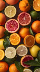 Detailed top view of an assortment of fresh citrus fruits, showcasing their bright colors.