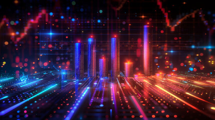 Obraz premium Digital Featuring an Illuminated Bar Graph With Data Points and Trading Charts Background