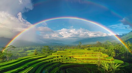 Obraz premium Rainbow Arcing Over Lush Green Rice Terraces