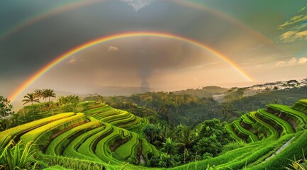 Fototapeta premium Double Rainbow Over Lush Green Rice Terraces
