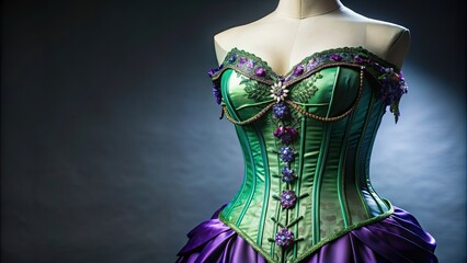 Obraz premium Green and purple dress on mannequin with detailed corset and intricate embellishments, dress, green, purple, mannequin
