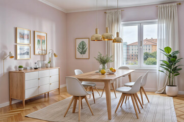 Dining Room with Pink Walls and Modern Decor