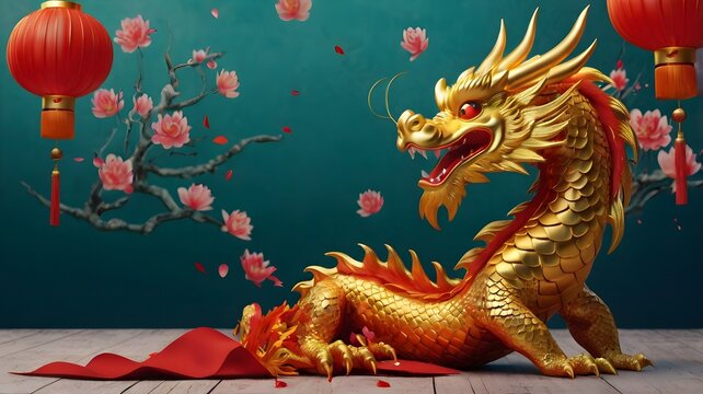 Dragon 3D chinese 2024 year gold new lunar cny podium happy background red golden