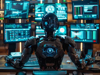 Fototapeta premium robot sitting in front of several computer screens. The computer screens should display something creative