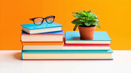 Stack of Colorful Books with Succulent Plant and Glasses on Orange Background, Perfect for Education and Home Decor Themes