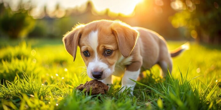 Adorable puppy indulges in undesirable snack, eating feces in lush green grassy field on a sunny day, exhibiting natural yet unappealing canine behavior.