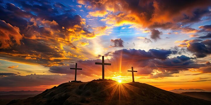 Dramatic sunset at Golgotha with three crosses on Calvary Hill, sunset, Golgotha, Calvary Hill, Jesus, crucifixion