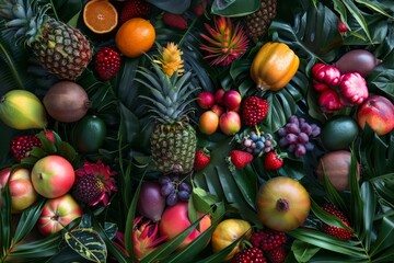 Tropical Fruit Still Life in Lush Foliage