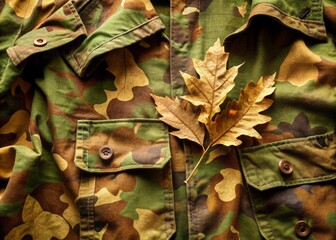 Obraz premium High-resolution image of a rugged, worn, and weathered army camouflage military uniform texture featuring intricate leaf and branch patterns in shades of green and brown.